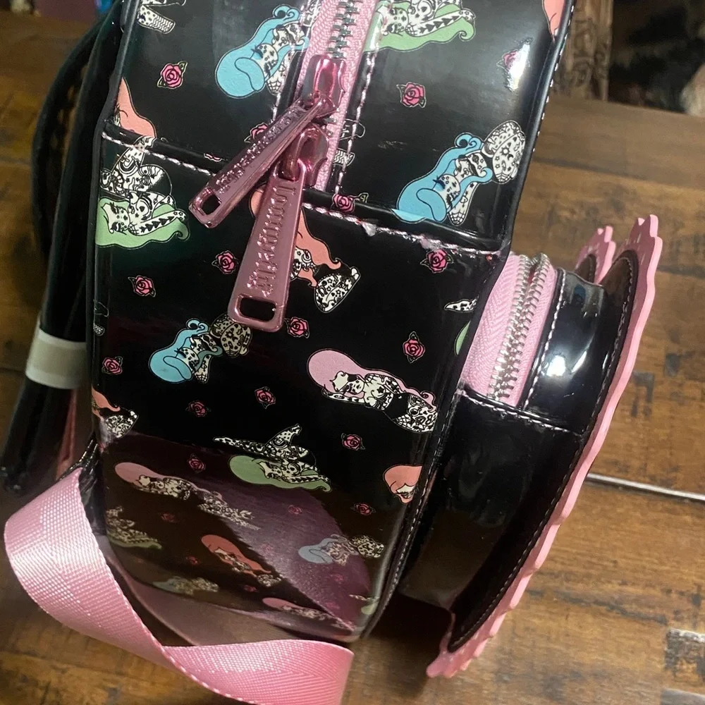 Loungefly Black Heart Backpack w Pink Trim & Multicolor Tattooed Character Print